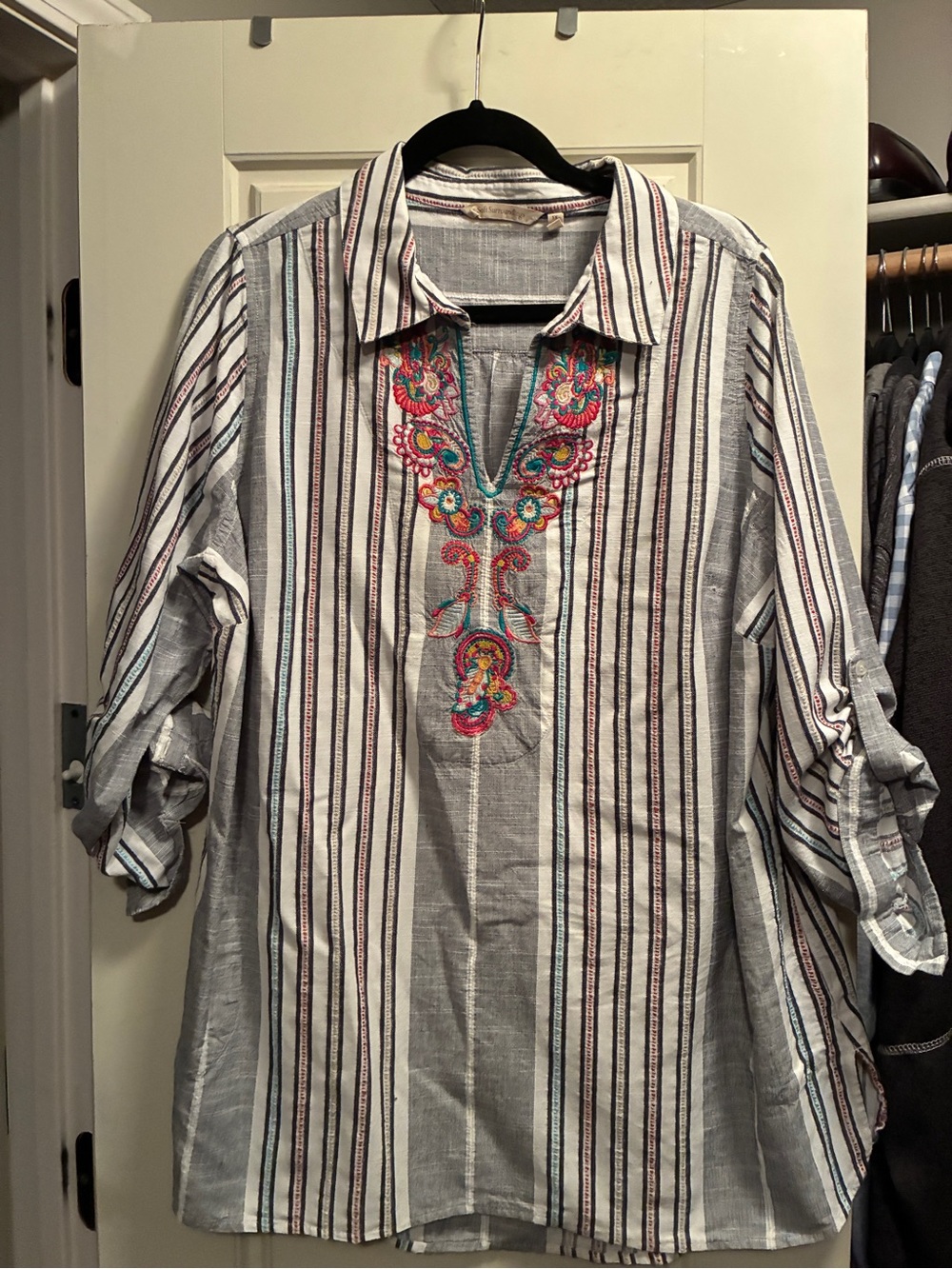 Soft Surroundings- striped embroidered V-Neck tunic— Gray with Multicol